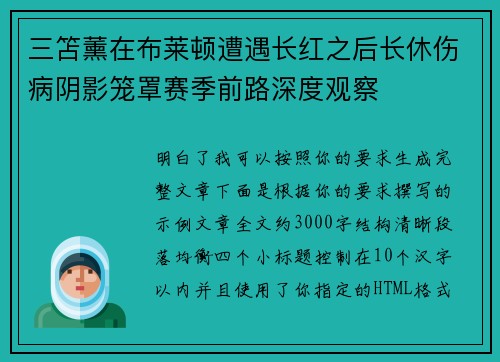 三笘薰在布莱顿遭遇长红之后长休伤病阴影笼罩赛季前路深度观察 三笘薰在布莱顿遭遇长红之后长休伤病阴影笼罩赛季前路深度观察